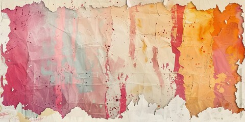 A torn piece of paper with colorful paint splatters and brush strokes