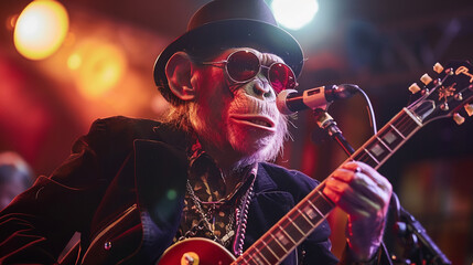 A monkey, with a flair for rock 'n' roll, shreds on its electric guitar, captivating audiences with fiery solos under the spotlight