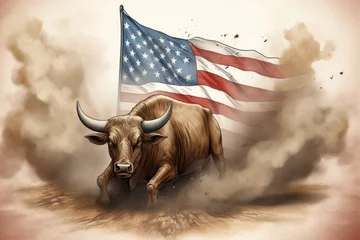 Gordijnen A large bull against the background of the American flag as a symbol of the state of Texas. Revolution or bullfight concept © Sunny