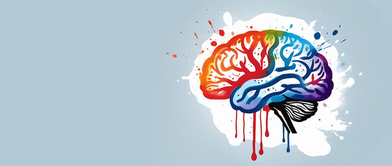 Multicolored brain in watercolor style. The concept of psychology, emotions, reflections, reason. Blue background. A banner with a place for text - obrazy, fototapety, plakaty