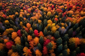 Naklejka na ściany i meble A breathtaking aerial view of a forest ablaze with vibrant hues of red, orange, and gold, capturing the magic of autumn foliage