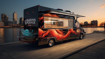 Fototapeta na wymiar A mockup of a sushi food truck with a sleek design, parked near a waterfront.
