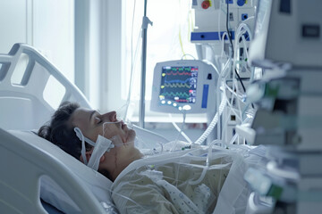 Person lies in hospital bed connected to life support system, Patient in hospital ward with medical equipment in background. Rehabilitation after surgery