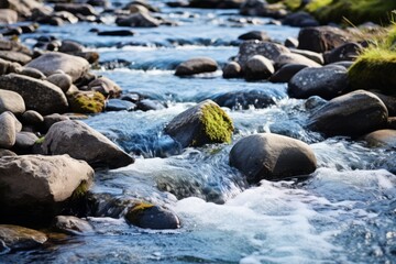 A clear mountain stream flowing over smooth rocks, representing the purity and importance of natural water sources