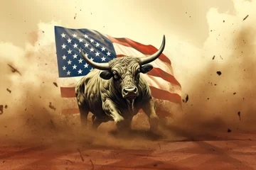 Foto op Canvas A large bull against the background of the American flag as a symbol of the state of Texas. Revolution or bullfight concept © Sunny