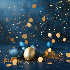 Golden and blue easter eggs on blue background