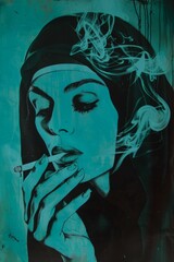Fototapeta na wymiar Nun Smoking Cigarette in the Rockabilly Poster Style with Green, Blue and Black Color Scheme Touch created with Generative AI Technology