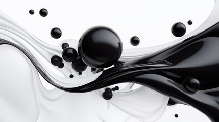 Abstract black fluid and white fluid, streaming across a white background