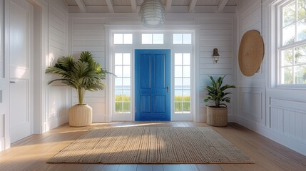 Coastal Entryway Elegance, bright and welcoming coastal style entryway with a striking blue door, natural light, and plants, offering a serene and inviting atmosphere - Powered by Adobe