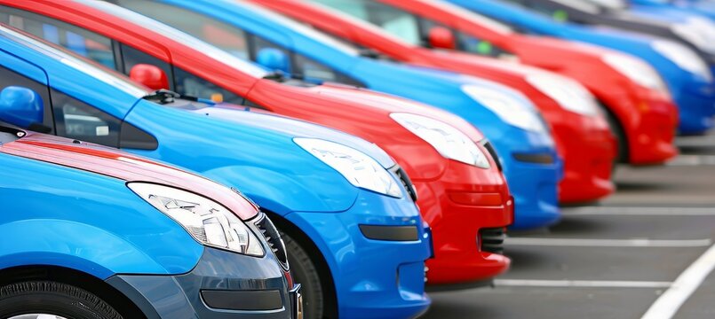 Pre owned vehicles displayed in a row at dealership for sale in used car lot showcase