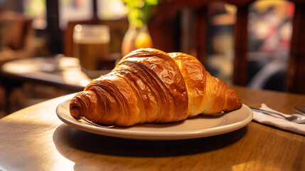 A  photograph of a French croissant on a charming Parisian caf?(C) table, perfect for showcasing French pastry delights. - obrazy, fototapety, plakaty