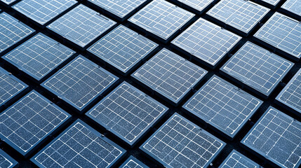 A row of solar panels are shown in a grid pattern. The panels are blue and white. Concept of clean energy and sustainability