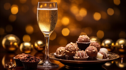 A  photograph of a glass of sparkling champagne paired with a plate of chocolate truffles, presented on a glamorous, gold background.