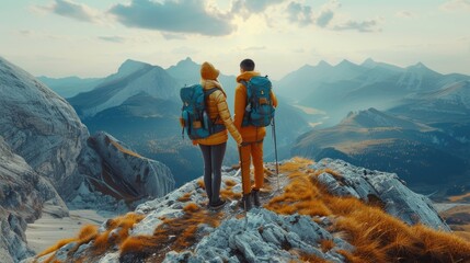 Couple Gazing at Mountain Vista, couple in matching yellow jackets with backpacks stand hand-in-hand, gazing out over a breathtaking mountain range, symbolizing companionship - obrazy, fototapety, plakaty