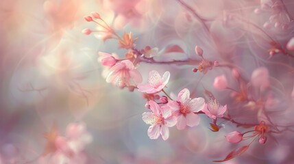 Cherry blossoms bloom in a dreamy haze, their delicate pink petals aglow in the gentle embrace of soft, diffused light.