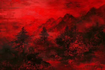Photo sur Aluminium Rouge 2 Red grunge background with coniferous forest in the mountains