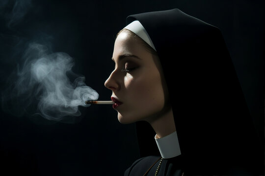 Generative AI picture of monastery sister nun praying God religious holiday smoking cigarette