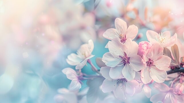 The delicate dance of cherry blossoms in full bloom, captured in a whimsical haze of soft pinks and blues with sparkling light.