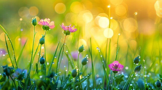 Early morning light bathes a meadow of dew-covered flowers, creating a vibrant, magical scene of freshness and growth.