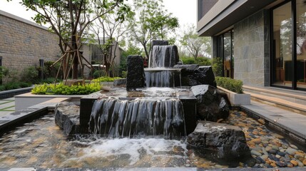 Fototapeta na wymiar Outdoor home modern water feature fountain waterfall