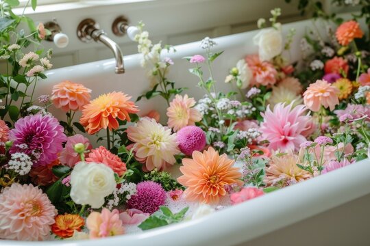 Bathroom with a bathtub filled with different flowers creating romantic relaxing atmosphere in spa salon, body care and mental health routine concept, flower show