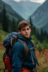 Obraz premium Hiker Taking a Moment to Hydrate on Nature Trail 
