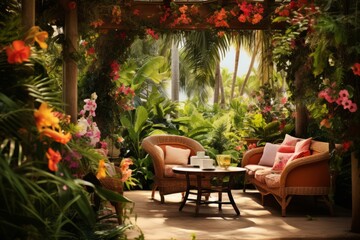 A tropical garden oasis with glasses of rum punch placed amidst vibrant flowers and foliage, an idyllic escape