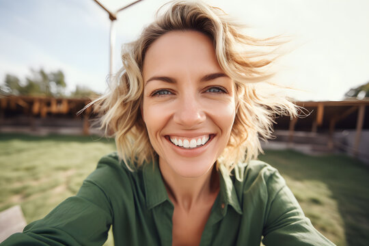 Young blonde woman in a light green blouse smiling and taking a selfie 