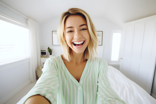 Young blonde woman in a light green blouse smiling and taking a selfie while making a funny face at home