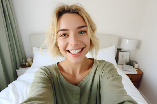 Young blonde woman in a light green blouse smiling and taking a selfie while making a funny face at home