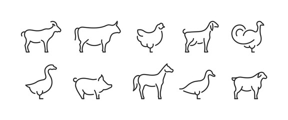 Obraz premium 10 black outline icons: goat, cow, chicken, turkey, goose, pig, horse, duck, sheep on white. For web, mobile, promos, SMM. Agriculture, food, farming, meat. Vector illustration