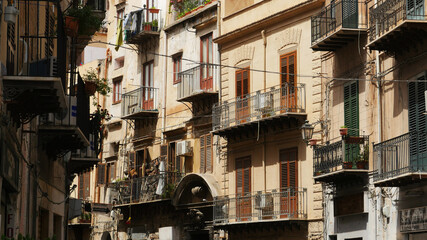 Palermo, Sicily, October 2018. - Typical balconies and railings in Palermo