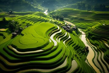 Aerial shot capturing the symmetrical beauty of terraced paddy field formations