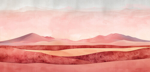 Digital watercolor artwork featuring a desert with fine burgundy sands under a serene sapphire dusk sky - Powered by Adobe