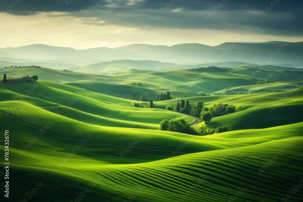 Poster aerial view of lush green fields and rolling hills serving as a calming background