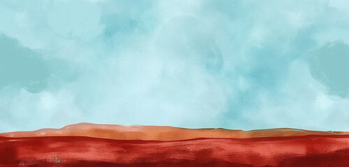 Digital watercolor depiction of a desert landscape with burgundy sands against a tranquil cerulean...