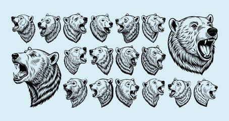 Hand drawn side view roaring polar bear head illustration design set - obrazy, fototapety, plakaty