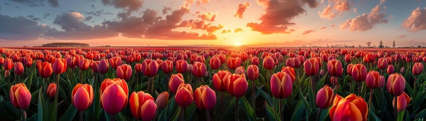 Panoramic landscape of blooming tulips field illuminated in spring by the sun - obrazy, fototapety, plakaty