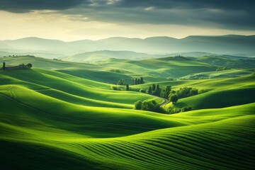Fototapeta premium Aerial view of lush green fields and rolling hills serving as a calming background