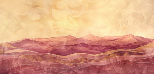 Digital watercolor depiction of a desert landscape with swirling burgundy sands against a muted mustard dusk sky