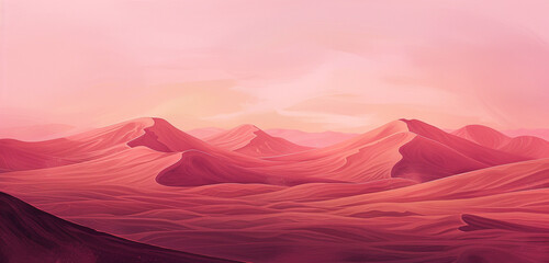 Fototapeta na wymiar Digital watercolor illustration of a desert with rich burgundy sands beneath a serene rose dusk sky