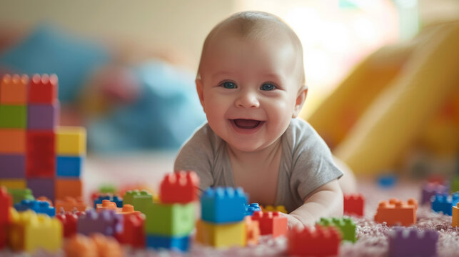 Portrait of a happy baby child among colorful Lego cubes on a bright background in living room