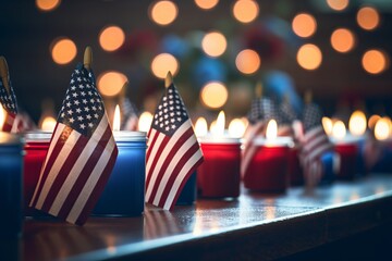 An American flag gently draped over a row of memorial candles with a backdrop of serenity on Patriot Day