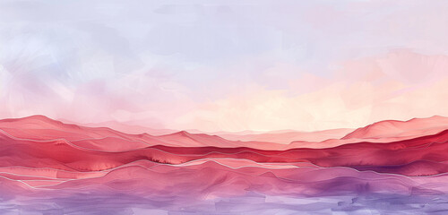 Digital watercolor rendition of a desert with swirling burgundy sands under a pale indigo dusk sky