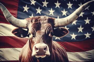 A large bull against the background of the American flag as a symbol of the state of Texas. Revolution or bullfight concept - obrazy, fototapety, plakaty