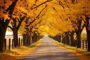 Charming country road lined with trees adorned in their autumn best, leading to a horizon of endless fall beauty