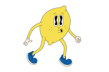 groovy lemon cartoon character. Vector retro fruit illustration isolated on white background.