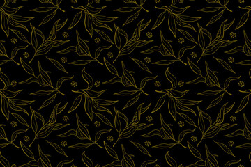 seamless floral background gold leaves on black. Vector abstract illustration.