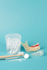A dental kit with a mirror tool, toothbrush, floss, orthodontic silicone trainer and tooth model.
