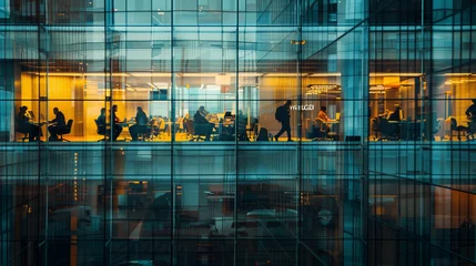 Foto op Plexiglas Office workers. Mirror glass building. Office workers, business people, work. Illustration of a working day of office employees in a building.  © Maksym
